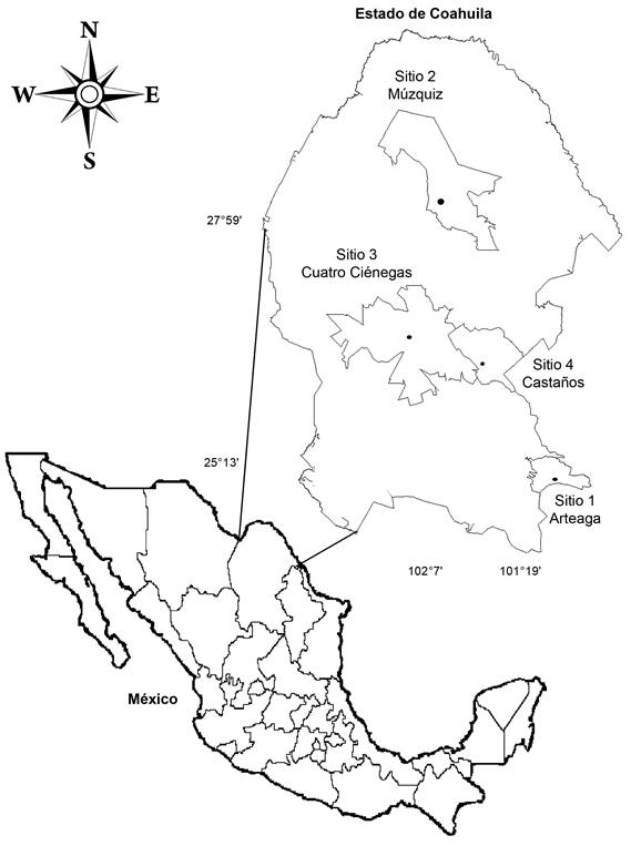 Localización de los cuatro sitios de colecta de suelos en los municipios Arteaga, Múzquiz, Cuatro Ciénegas y Castaños, Coahuila, México.