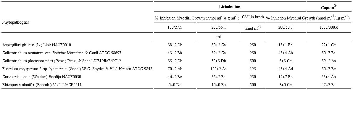 Antifungal activity of liriodenine. The values are means ± DE (n=6). The separation of groups was performed with the Mann-Whitney test (p<0.05). Capital letters represent comparisons in columns, and lowercase letters represent comparisons in rows.
