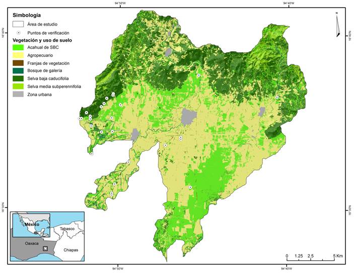 Área de estudio en la planicie costera de Oaxaca, México. Se
								señalan los sitios de muestreo seleccionados en cada elemento del
								paisaje donde se establecieron los cuadrantes de 50 × 2 m. SBC=Selva
								baja caducifolia.