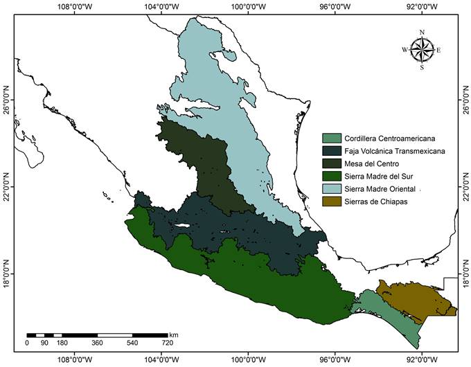 Provincias fisiográficas de México empleadas en la delimitación de las áreas de distribución de Pinus montezumae Lamb. y Pinus pseudostrobus Lindl., en México.