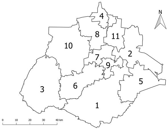 Municipios del estado de Aguascalientes. 1. Aguascalientes; 2.
								Asientos; 3. Calvillo; 4. Cosío; 5. El Llano; 6. Jesús María; 7.
								Pabellón de Arteaga; 8. Rincón de Romos; 9. San Francisco de los
								Romo; 10. San José de Gracia; 11. Tepezalá.