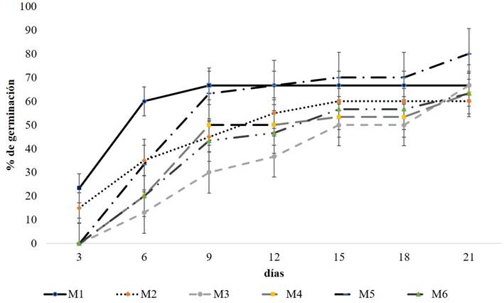 Germinación acumulada de semillas de Moringa oleifera Lam. La barra indica el error estándar de la media de tres repeticiones independientes. M1, M2, M3, etc. corresponden al número de tratamiento.