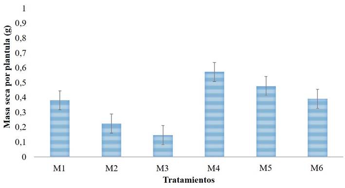 Masa seca por plántula obtenida con los diferentes medios de cultivo en la germinación in vitro de Moringa oleifera Lam.