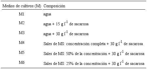 Medios de cultivo evaluados durante la germinación in vitro de semillas de Moringa oleifera Lam. MS: Murashige y Skoog (1962).