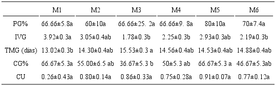 Indicadores de vigor en la germinación de semillas de Moringa oleifera Lam. en condiciones in vitro. PG: poder germinativo; IVG: índice de velocidad de germinación; TMG: tiempo medio de germinación; CG: capacidad de germinación en %; CU: coeficiente de germinación. En una misma fila se comparan diferentes medios de cultivo. Letras distintas indican diferencias significativas entre tratamientos (medios de cultivo) (p≤0.05, Test de comparaciones múltiples de Tukey).