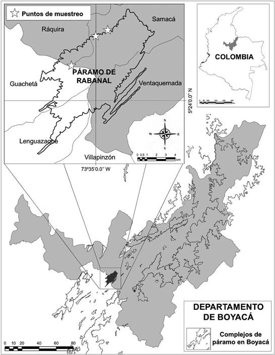 Ubicación de los puntos de muestreo dentro del Páramo de Rabanal, municipio Samacá, departamento Boyacá, Colombia.