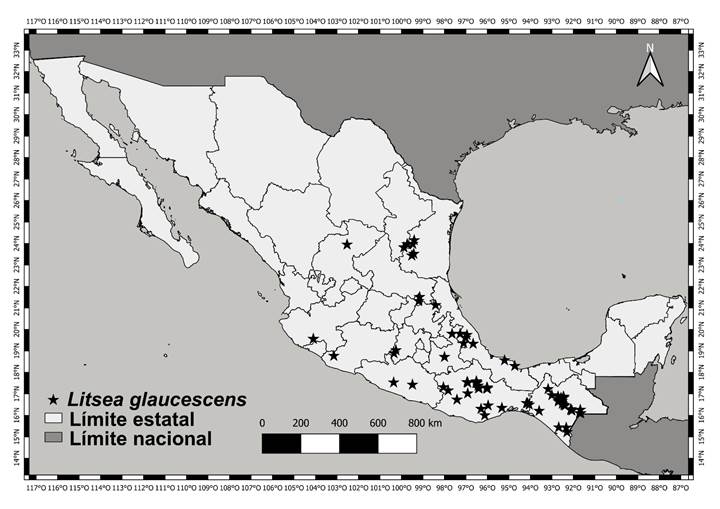 Distribucin de Litsea glaucescens Kunth en Mxico. Elaborado en QGIS v. 3.18 (QGIS Development Team, 2023).
