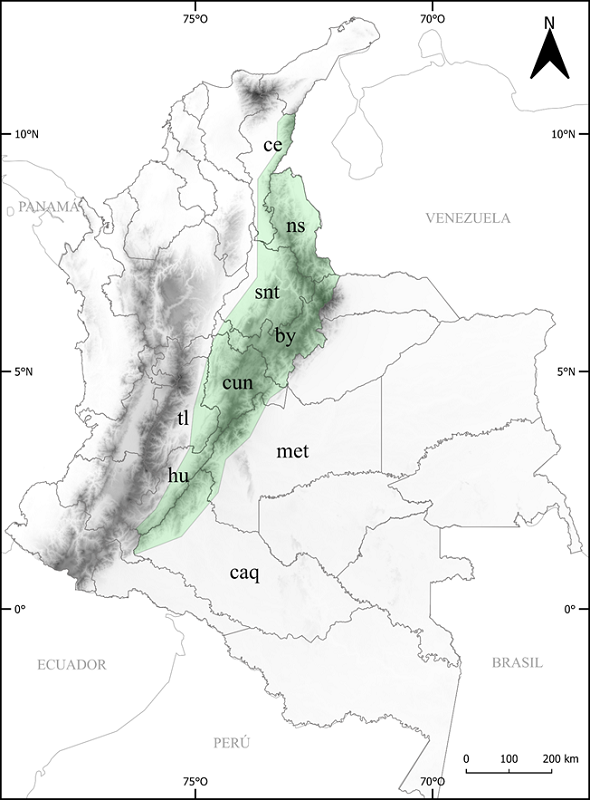 rea de estudio. Se seala con color verde la Cordillera Oriental y se denotan los departamentos que comprenden esta regin mediante abreviaturas. Abreviaciones de departamentos: by=Boyac, caq=Caquet, ce=Csar, cun=Cundinamarca, hu=Huila, met=Meta, ns=Norte de Santander, snt=Santander, tl= Tolima.