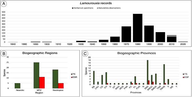Temporality and biogeographic distribution of the records of the Lamourouxia Kunth species in the Americas. A. records of Lamourouxia Kunth by decade analyzed in this study; B. species richness of Lamourouxia by biogeographic regions; C. species richness by biogeographic provinces sensuMorrone (2014), and Morrone et al. (2017). TS: Total species, ESR: Endemic species to the region, ESP: Endemic species to the province. Biogeographic regions: MTZ: Mexican Transition Zone. Biogeographic provinces: BB: Balsas Basin, CAU: Cauca, CD: Chihuahuan Desert, CH: Chiapas Highlands, D: Desert, GT: Guatuso-Talamanca, MAG: Magdalena, MOS: Mosquito, PAR: Pramo, PC: Puntarenas-Chiriqu, PL: Pacific Lowlands, PUN: Puna, R: Rndonia, SMS: Sierra Madre del Sur, SMOC: Sierra Madre Occidental, SMOR: Sierra Madre Oriental, TAM: Tamaulipas, TMVB: Trans-Mexican Volcanic Belt, V: Veracruzan, WE: Western Ecuador, Y: Yungas.