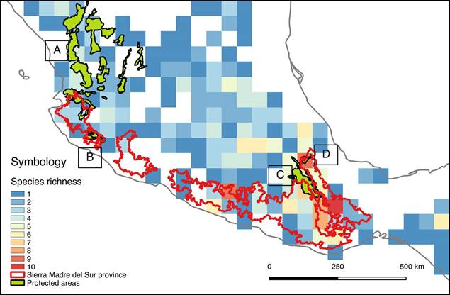 Map of protected areas in the Sierra Madre del Sur biogeographic province in southern Mexico and Lamourouxia Kunth species richness. A. cuenca Abastecedora del Distrito Nacional de Riego 043 Nayari; B Sierra de Manantln Biosphere Reserve; C. Tehuacn-Cuicatln Biosphere Reserve; D. Can del Ro Blanco National Park. Protected areas obtained from the layer of the government and private protected areas in Latin America and the Caribbean provided by the UNEP-WCMC and IUCN (2022).