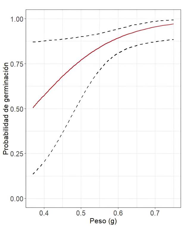 Probabilidad de germinación y emergencia de Peltogyne mexicana Martínez en función del peso de la semilla. La línea sólida indica valores predichos de probabilidad estimados a partir del ajuste de un modelo logístico, las líneas punteadas representan los límites de confianza al 95% de la probabilidad estimada.