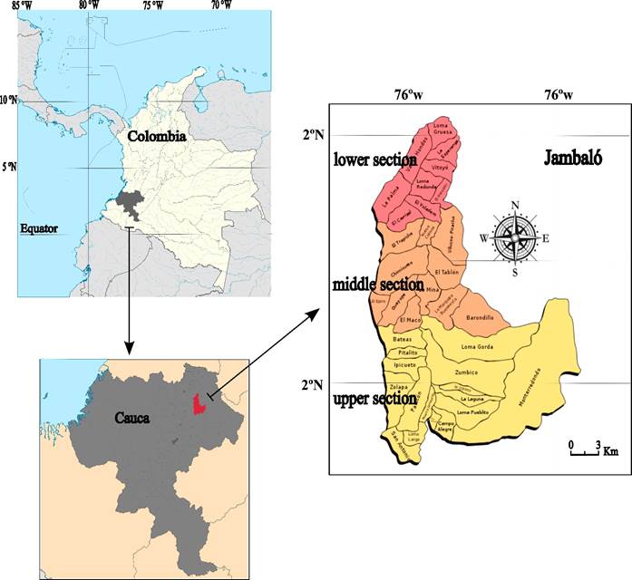 Location of the study area, Jambaló indigenous reserve, Cauca, Colombia, indicating the upper section (south), middle section and lower section (north), with their respective population centers.