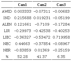 Coeficientes de estructura can&oacute;nica para siete caracteres cuantitativos. Altura del tallo=ALT, Di&aacute;metro del tallo=DIAM, Divisi&oacute;n entre ALT/DIAM=IND, Largo de la espina central inferior=LIEC, N&uacute;mero de espinas centrales=NEC, N&uacute;mero de espinas radiales=NER, Largo de espinas radiales=LIR, Largo de la ar&eacute;ola=ALEN, Ancho de la ar&eacute;ola=AWID. Los caracteres con mayor peso por cada funci&oacute;n se remarcan en negritas.