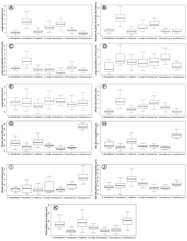 Diagramas de caja y bigotes de los once caracteres con mayor carga en los Análisis Discriminantes Canónicos. El primer y tercer cuartil se representan por la caja. La mediana se indica por la línea adentro de la caja. Los bigotes indican los valores mínimos y máximos de cada variable.