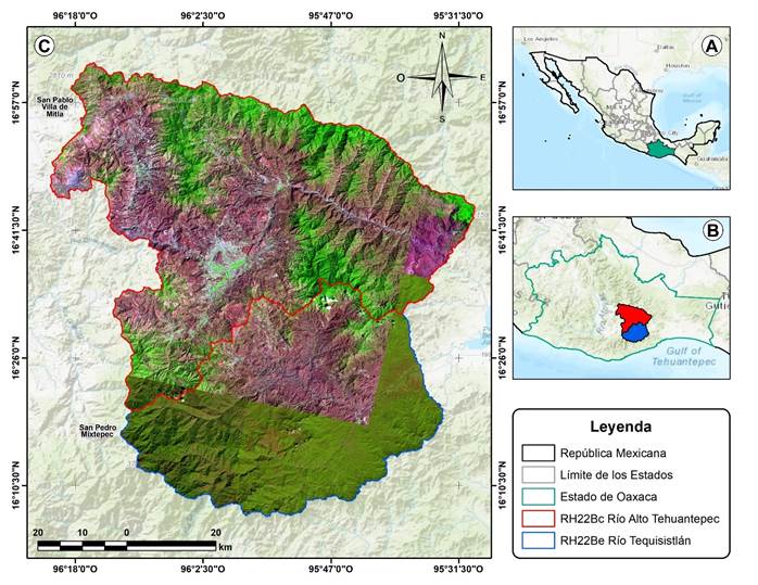 Localizaci�n del �rea de estudio. A. Rep�blica Mexicana; B. estado de Oaxaca; C. subcuencas.