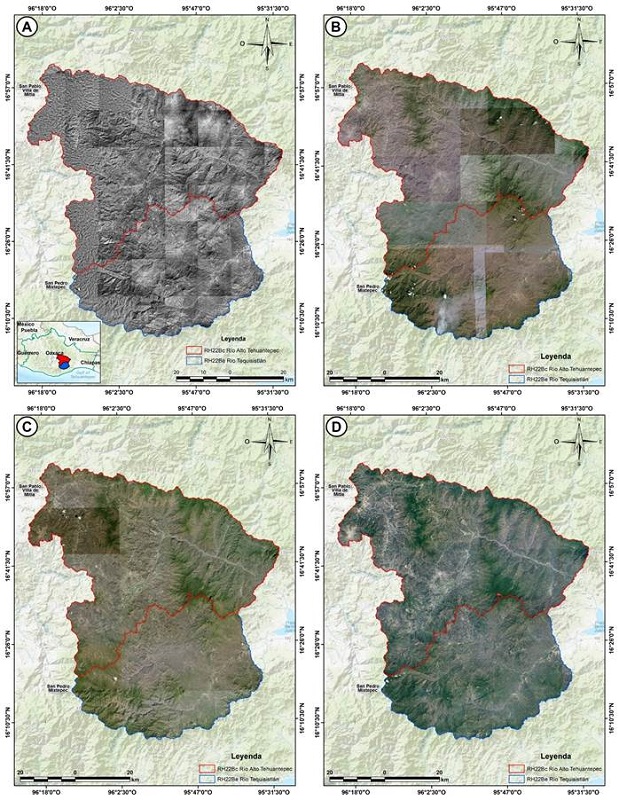 Ortomosaicos del �rea de estudio para los a�os: A. 1995; B 2008; C. 2014; D. 2022.