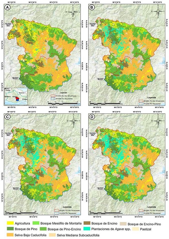 Uso del suelo y vegetaci�n del �rea de estudio para los a�os: A. 1995; B. 2008; C. 2014, D. 2022.