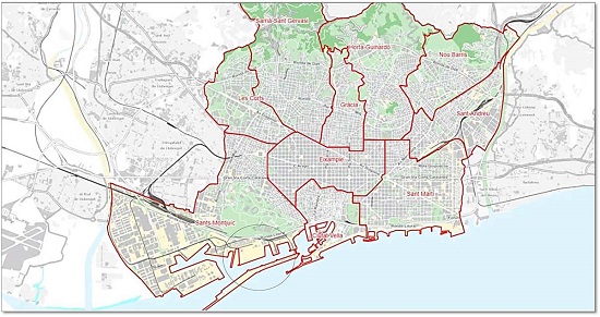 Mapa do perímetro de Barcelona com indicação do Distrito da Cidade Velha