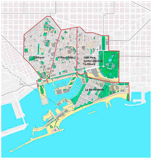 Representação das cinco áreas do Distrito da Cidade Velha