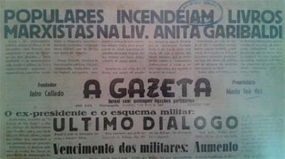 Reprodu&ccedil;&atilde;o da primeira p&aacute;gina do jornal A Gazeta, de 5/4/1964