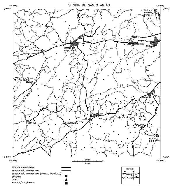 Localização dos engenhos e sistema rodoviário na Zona da Mata Sul, Pernambuco, 1972