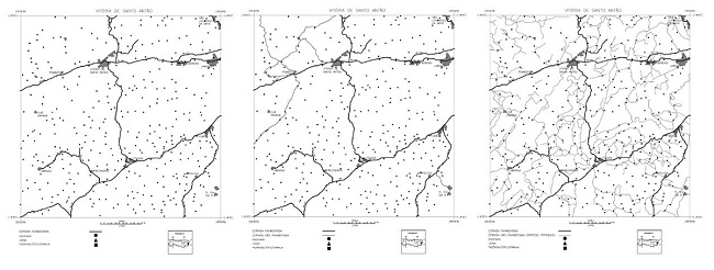 Localização dos engenhos em relação às estradas pavimentadas (imagem 1), estradas não pavimentadas com tráfego permanente (imagem 2) e estradas não pavimentadas com tráfego periódico (imagem 3) na Zona da Mata Sul, Pernambuco, 1972