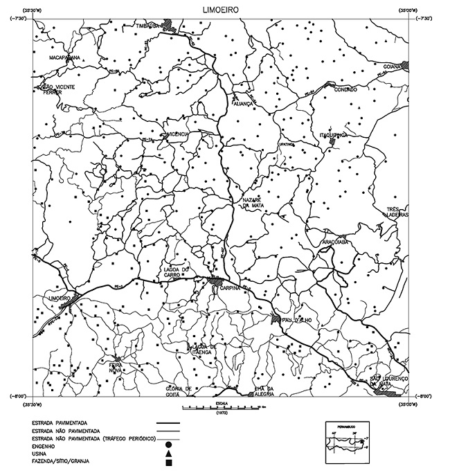 Localização dos engenhos e sistema rodoviário na Zona da Mata Norte, Pernambuco, 1972