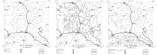 Localização dos engenhos e usinas em função das estradas pavimentadas (imagem 1), estradas não pavimentadas com tráfego permanente (imagem 2) e estradas não pavimentadas com tráfego periódico (imagem 3) na Zona da Mata Norte, Pernambuco, 1972