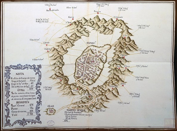 A 1767 map that shows the location of militiamen mobilized to implement the expulsion of the Jesuits from Guanajuato.