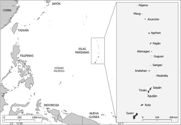 Localizacin de las islas Marianas en el contexto del Pacfico occidental. Mapa elaborado por Javier Ruiz Prez.