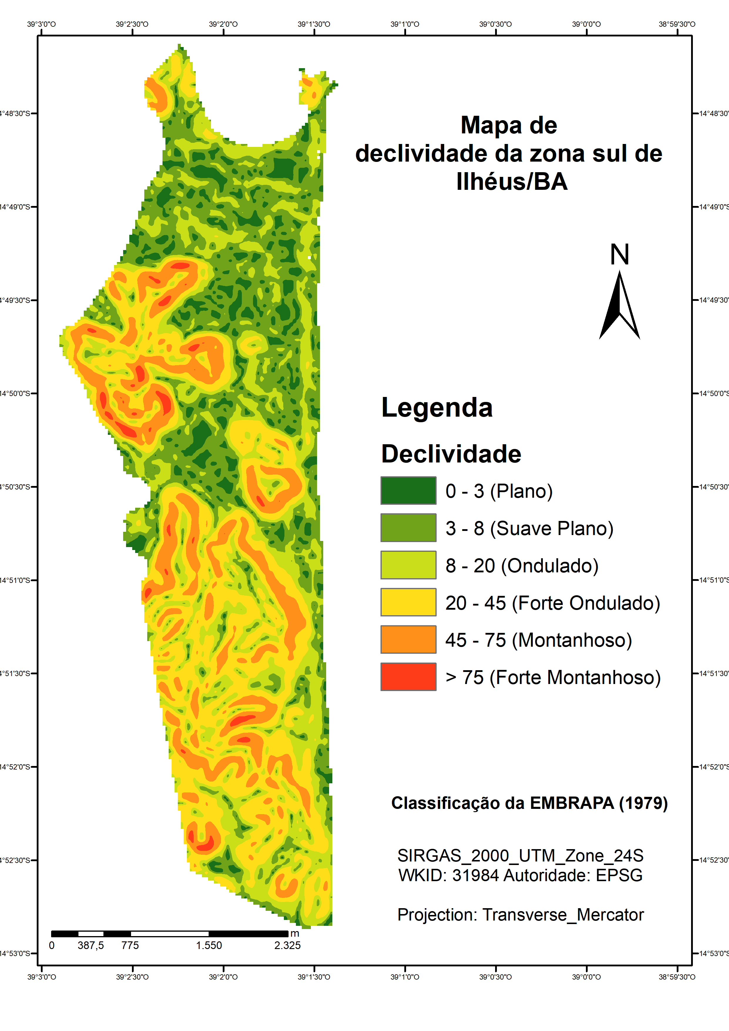 Mapa de declividade da Zona Sul de Ilhéus/BA