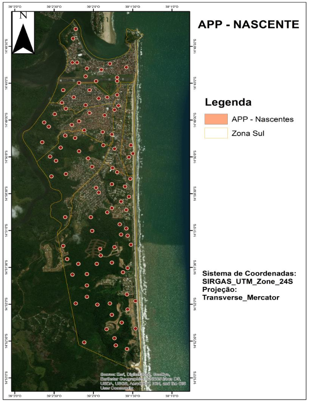 APP de nascente da Zona sul de Ilhéus. Imagem (2014) Basemap do ArcGis