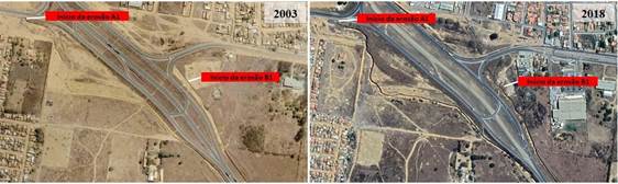 Comparação das feições erosivas A1 e C1, Anel Rodoviário, Vitória da Conquista - BA, de 2003 para 2018