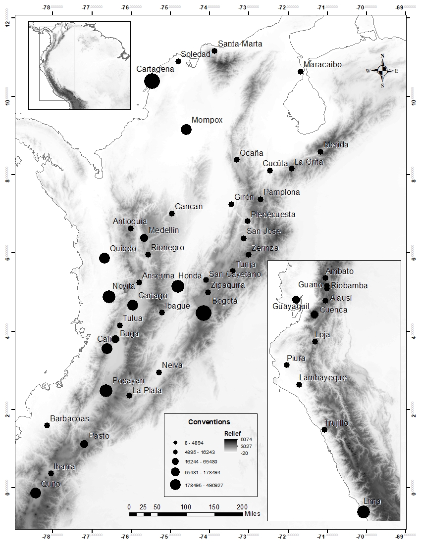 North Andean Monetary Agglomeration. Nodes weighted by their indegree (in silver pesos)
