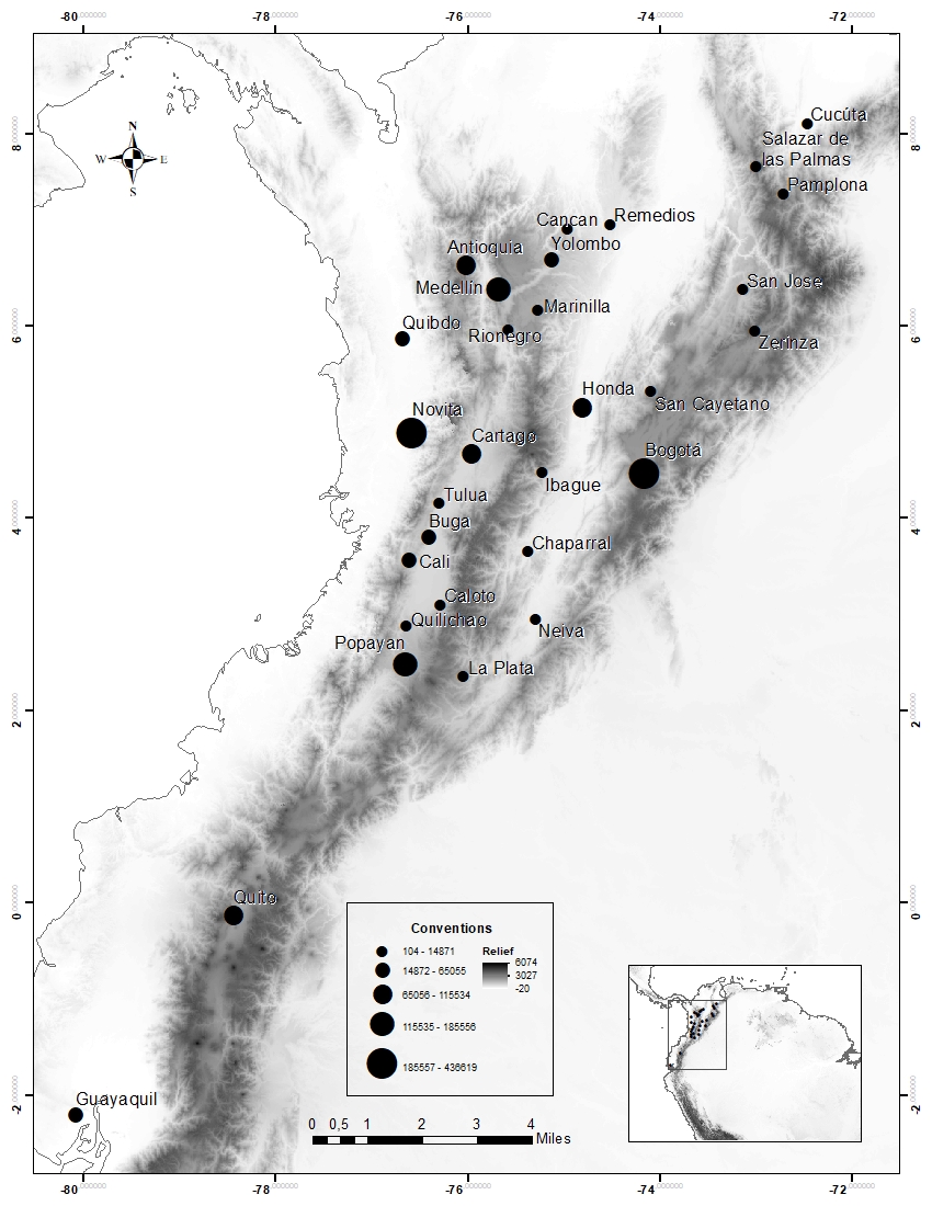 North Andean Monetary Agglomeration. Nodes weighted by their outdegree (in silver pesos).