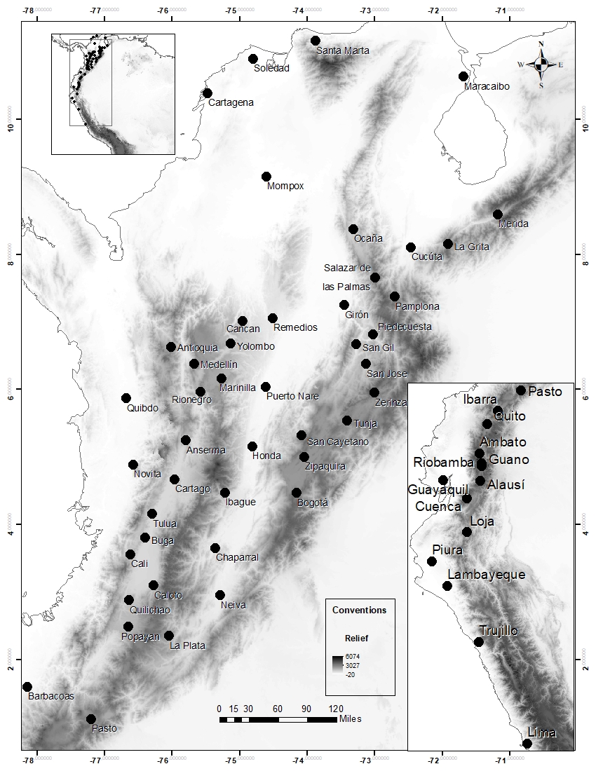 The Northern Andes and nodes analyzed in this paper. *Lima, Trujillo, Lambayeque and Piura belong to the Peruvian Andes. ** I have kept the colonial spelling of the names of some of the nodes.