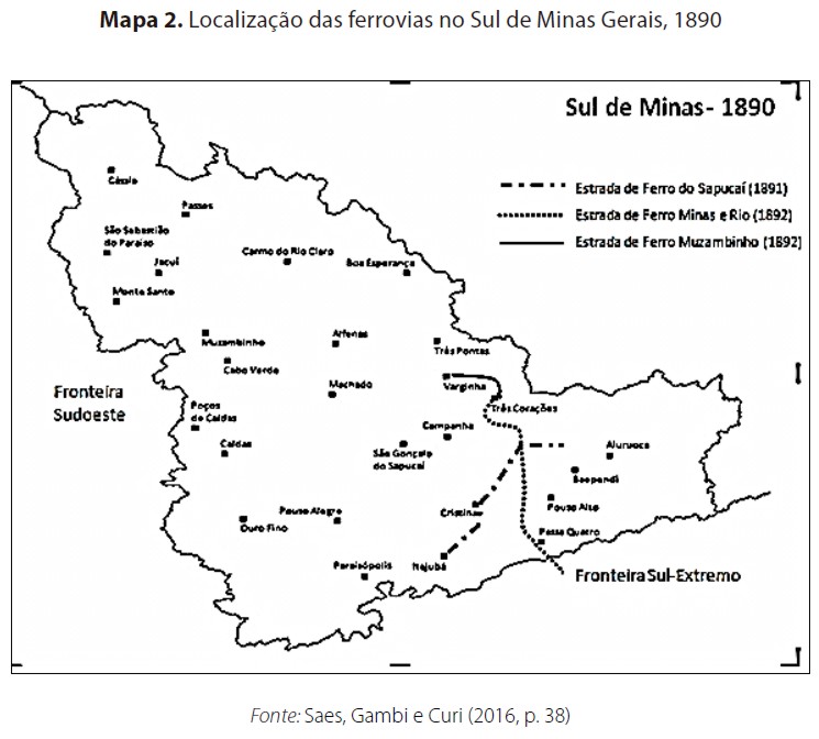 Localiza&ccedil;&atilde;o das ferrovias no Sul de Minas Gerais, 1890