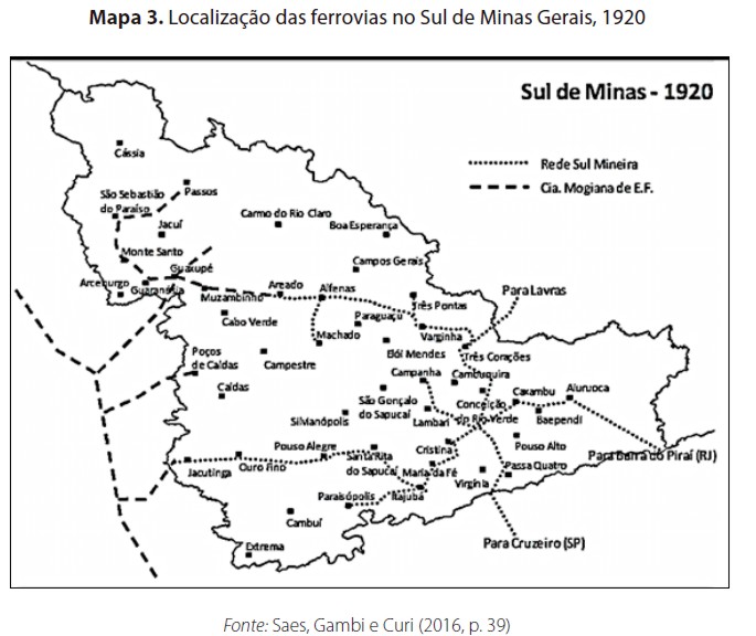 Localiza&ccedil;&atilde;o das ferrovias no Sul de Minas Gerais, 1920
