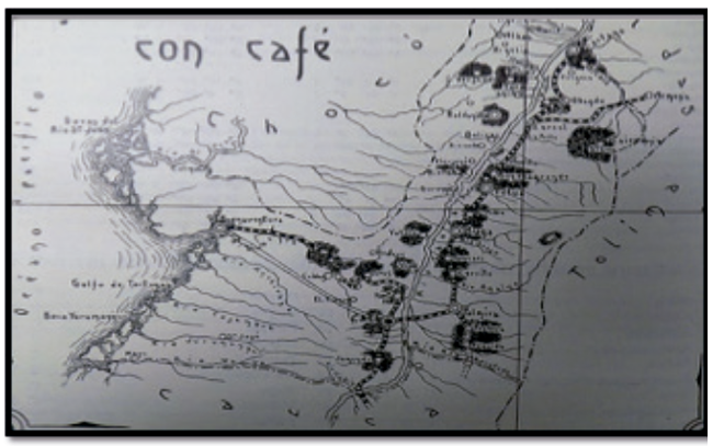 Mapa de las zonas productoras de café en el Valle del Cauca en 1915