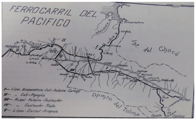 Ruta del ferrocarril del Pacífico Caldas-Buenaventura, año 1930