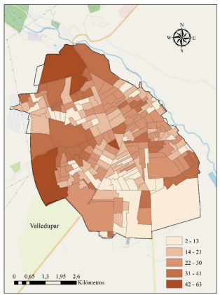 Porcentaje de inmigrantes por secci&oacute;n urbana en Valledupar (2005)