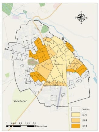 Crecimiento huella urbana Valledupar por barrios, 1993