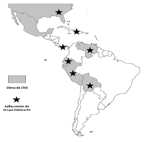 Mapa das obras da CNO e ações sociais do Grupo Odebrecht (2007 e 2008)