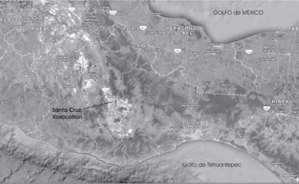 Ubicaci&oacute;n de Santa Cruz Xoxocotl&aacute;n, Oaxaca. Imagen modificada de Google Maps.