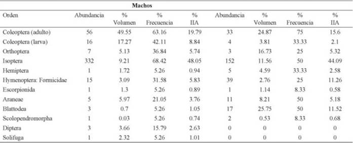 Ordenes de insectos que componen la dieta de machos y hembras de Aspidoscelis gularis durante la temporada de lluvias de la localidad El Apartadero, municipio de San Joaqu&iacute;n, Quer&eacute;taro, M&eacute;xico. &Iacute;ndice de importancia alimentaria (IIA).
