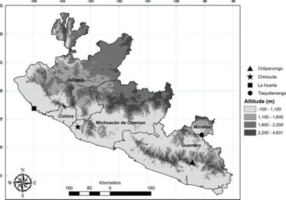 Collecting site of Ficimia publia in Michoac&aacute;n and nearest localities where the species was previously collected in the surrounding states of Jalisco, Guerrero, and Morelos.