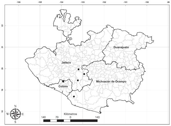 Localidades de registro de Eleutherodactylus nivicolimae en Colima, Jalisco y Michoac&aacute;n, M&eacute;xico. Cuadros = registros previos, c&iacute;rculo = nuevo registro.