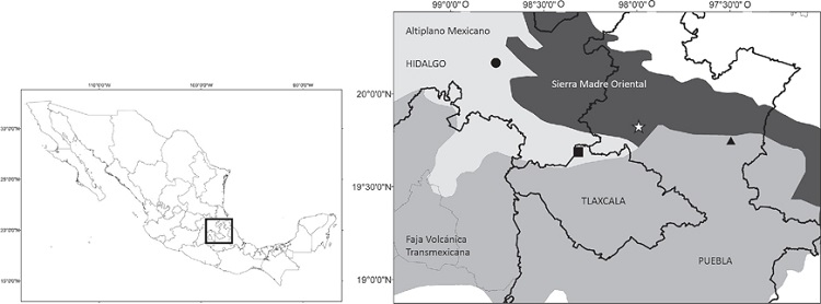 Mapa de distribuci&oacute;n de Thamnophis pulchrilatus. Localidades: Chignahuapan, Puebla (estrella blanca); La Estanzuela, Mineral El Chico (c&iacute;rculo negro); Mimiahuapan, Tlaxco (cuadro negro); Tlatlahuquitepec (tri&aacute;ngulo negro).