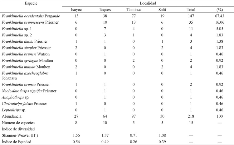 Riqueza y composici&oacute;n de especies de tisan&oacute;pteros asociados al cultivo de crisantemo, Dendranthema grandiflorum var. Harman, durante el periodo de agosto a noviembre de 2011, en cuatro localidades del municipio de Texcoco, Estado de M&eacute;xico.