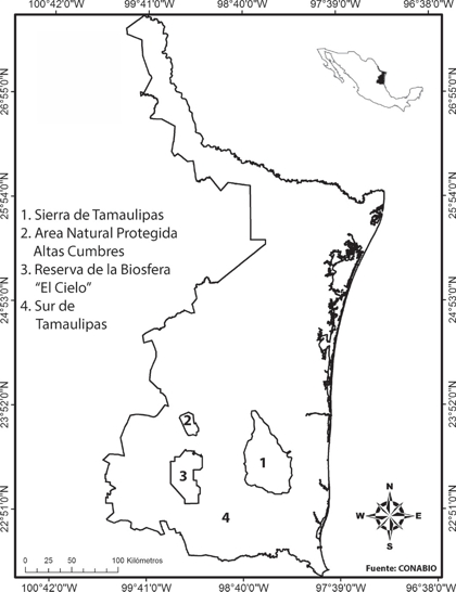 Ubicaci&oacute;n de la Sierra de Tamaulipas y otras &aacute;reas geogr&aacute;ficas en el estado de Tamaulipas.